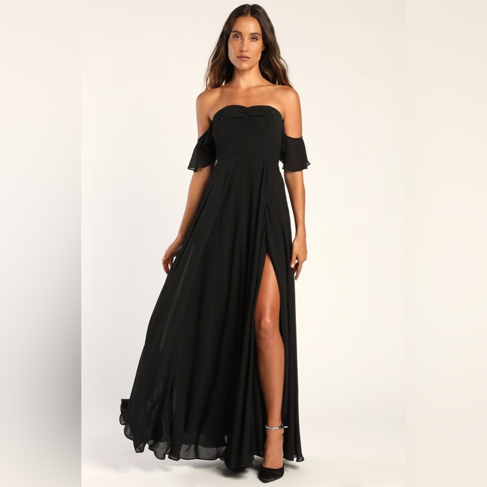 Lulu's All the Elegance Black Ruffled Off-the-Shoulder Maxi Dress Womens Large